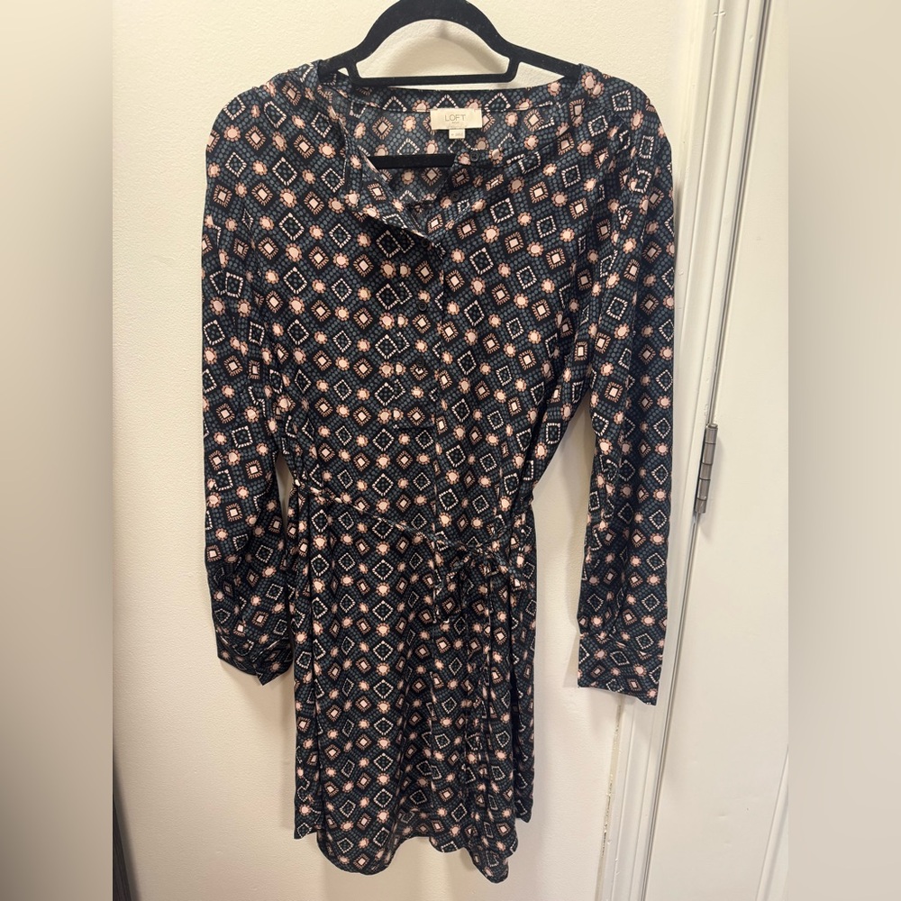 LOFT Women's Black and Pink Patterned Dress